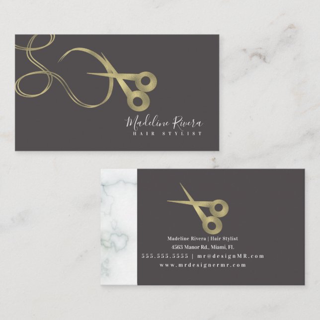 Modern Foil Marble Hair Stylist Salon Shears Business Card (Front/Back)