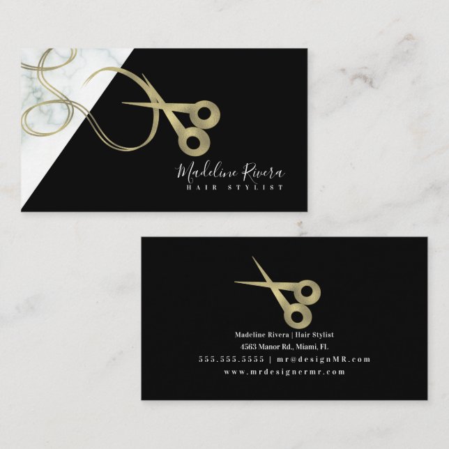Modern Foil Marble Monochrome Hair Stylist Salon B Business Card (Front/Back)