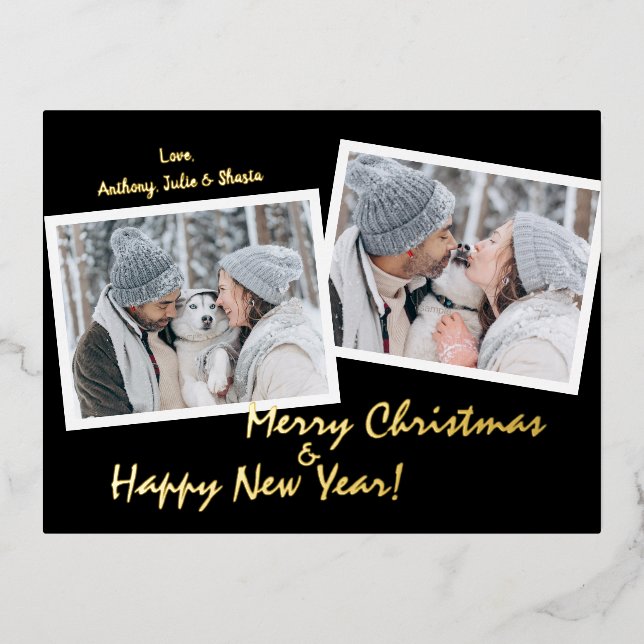 Modern Foil Script 2 Photo Holiday Postcard (Front)