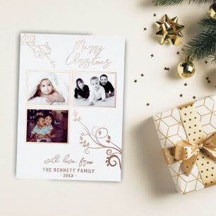 Modern Foliage 3 Photo Collage Gold Rose Foil Holiday Card
