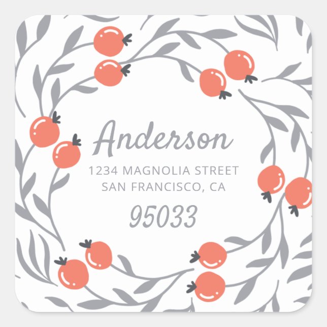 Modern Foliage and Holly Berries Holiday Square Sticker (Front)