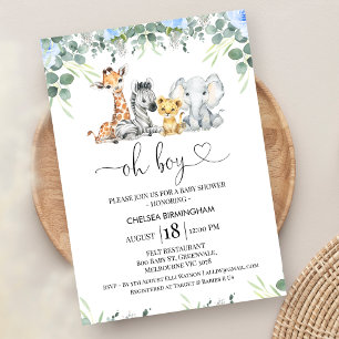 Modern Foliage Blue Floral Safari Baby Shower  Invitation