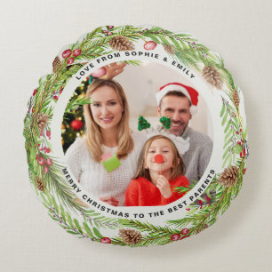 modern foliage chic elegant eucalyptus Christmas  Round Cushion