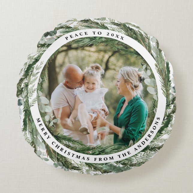 modern foliage chic elegant eucalyptus Christmas Round Cushion (Front)