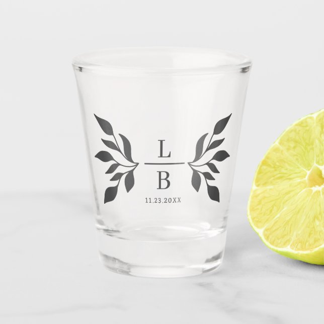 Modern Foliage Couple Monogram Wedding Favour Shot Glass (Front)