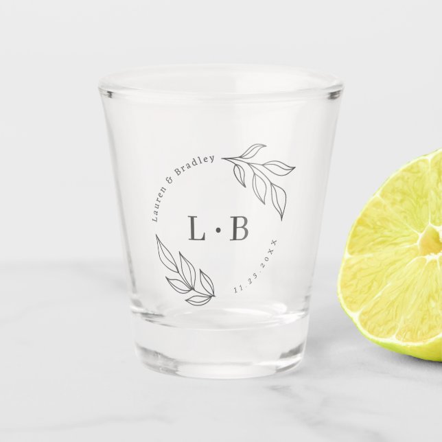Modern Foliage Couple Monogram Wedding Favour Shot Glass (Front)