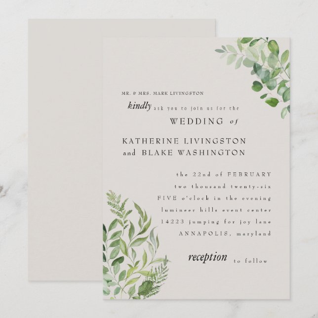 Modern Foliage Cream Bride Parents Wedding Invitation (Front/Back)