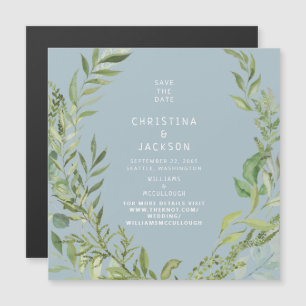 Modern Foliage Dusty Blue Wedding Save the Date Magnetic Invitation