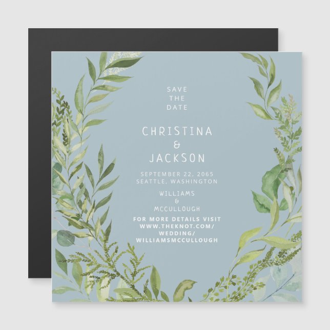 Modern Foliage Dusty Blue Wedding Save the Date Magnetic Invitation (Front/Back)