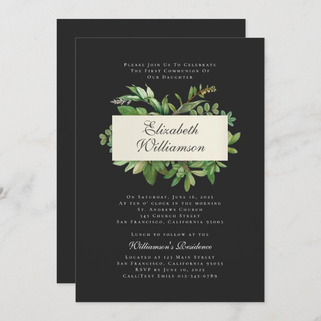 Modern Foliage First Communion Invitation (Front/Back)