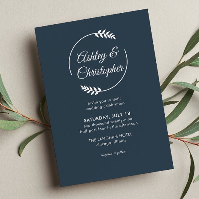 Modern Foliage Frame Indigo Blue Wedding Invitation (Creator Uploaded)