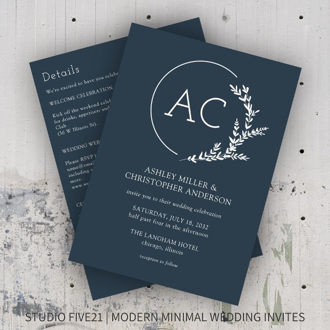 Modern Foliage Frame Navy Blue All-in-One Wedding Invitation (Creator Uploaded)