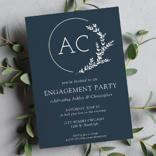 Modern Foliage Frame Navy Blue Engagement Party Invitation