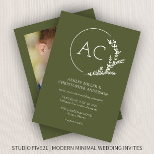 Modern Foliage Frame Olive Green Photo Wedding Invitation