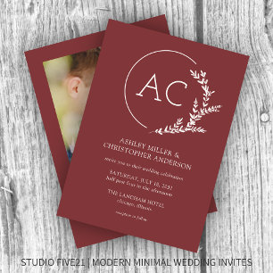 Modern Foliage Frame Rosewood Red Photo Wedding Invitation