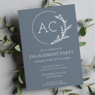 Modern Foliage Frame Slate Grey Engagement Party Invitation