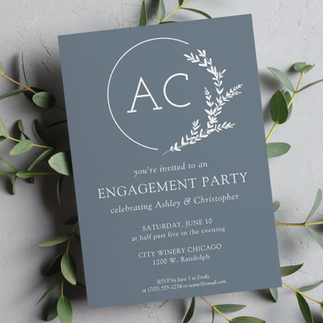 Modern Foliage Frame Slate Grey Engagement Party Invitation (Creator Uploaded)