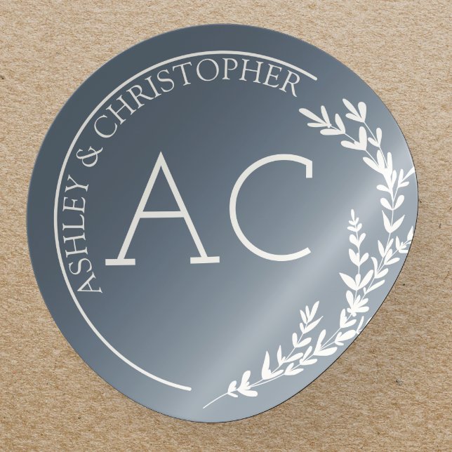 Modern Foliage Frame Slate Grey Wedding Classic Round Sticker (Creator Uploaded)