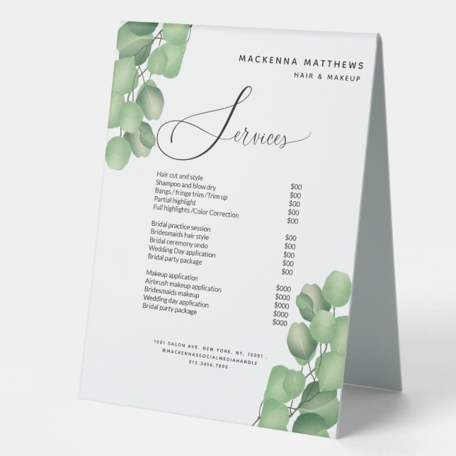 Modern Foliage Greenery Hair Stylist Service Menu  (Front)