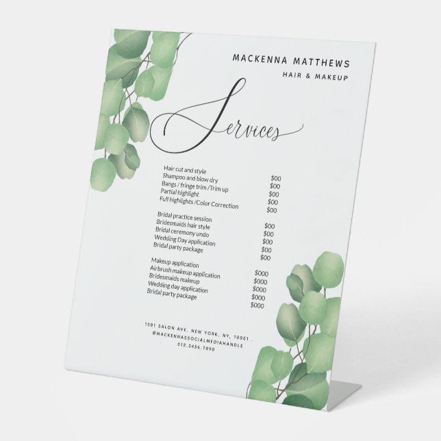 Modern Foliage Greenery Hair Stylist Service Menu  Pedestal Sign (Front)