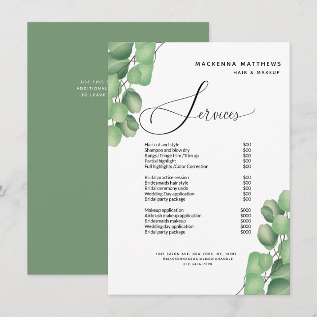 Modern Foliage Hair Salon Price List Service Menu (Front/Back)