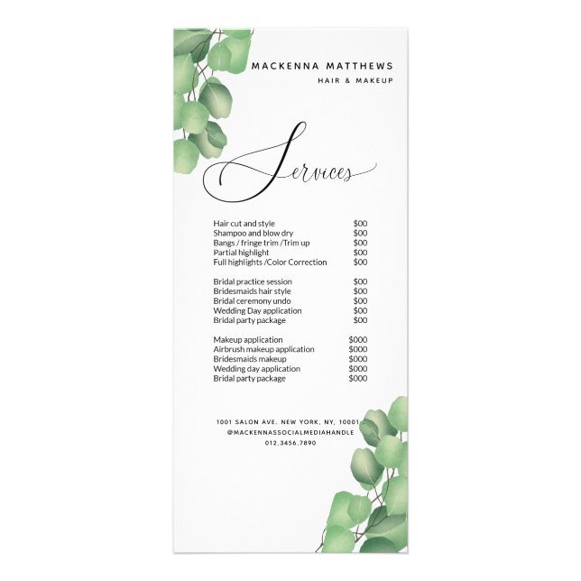 Modern Foliage Hair Stylist Price List Service Rack Card (Front)