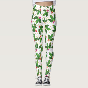 Modern Foliage Holly Gold Dots Christmas Holiday Leggings