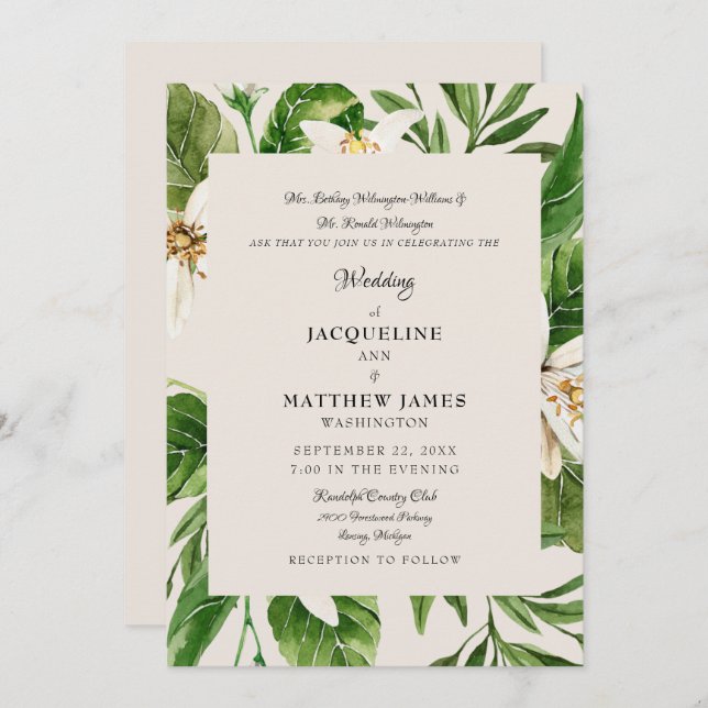 Modern Foliage Parents Cream Wedding Matte Invitation (Front/Back)