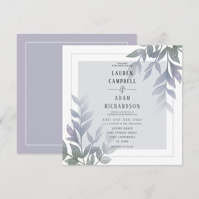 Modern Foliage Purple Lilac Wedding Invitation (Front/Back)