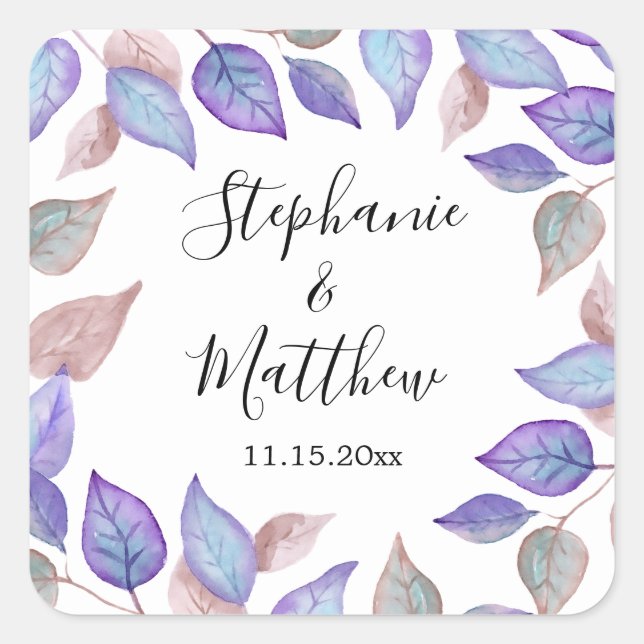 Modern Foliage Purple Watercolor Leaves Wedding Square Sticker (Front)