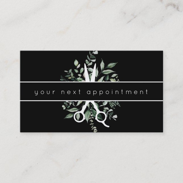 Modern Foliage Salon Scissors Logo Appointment Business Card (Front)