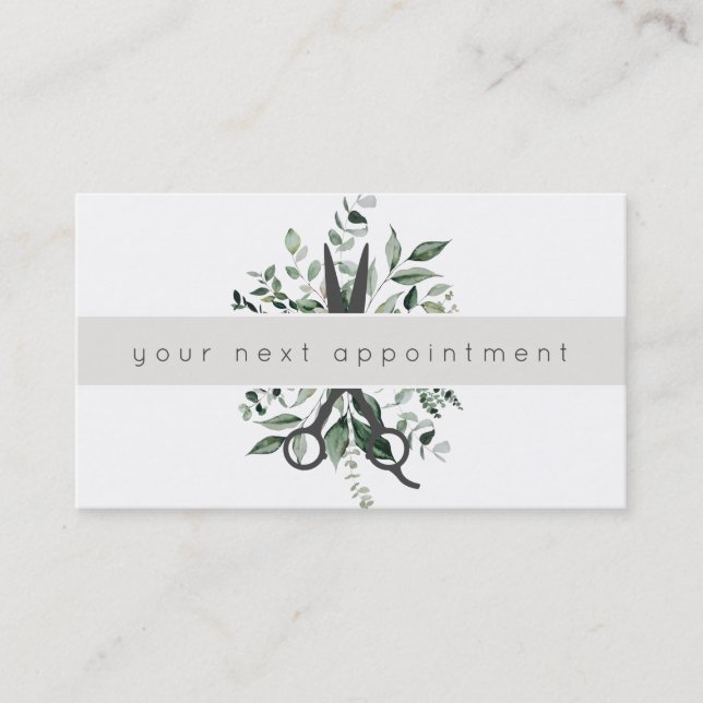 Modern Foliage Salon Scissors Logo Appointment Business Card (Front)
