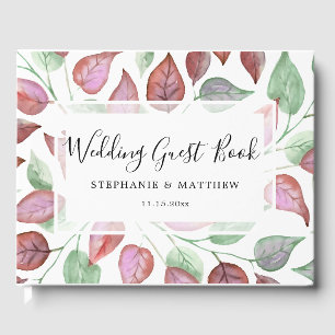 Modern Foliage Watercolor Burgundy Painted Wedding Guest Book