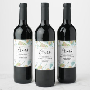 Modern Foliage Watercolor Painted Leaves Wedding Wine Label