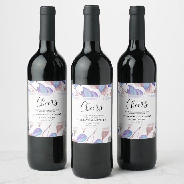 Modern Foliage Watercolor Purple Leaves Wedding Wine Label (Bottles)
