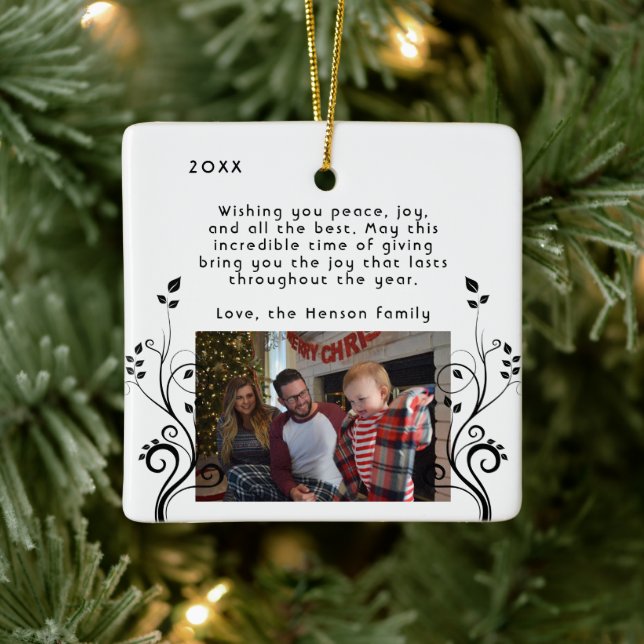 Modern Foliage Wishes Family Photo Christmas  Ceramic Ornament (Tree)