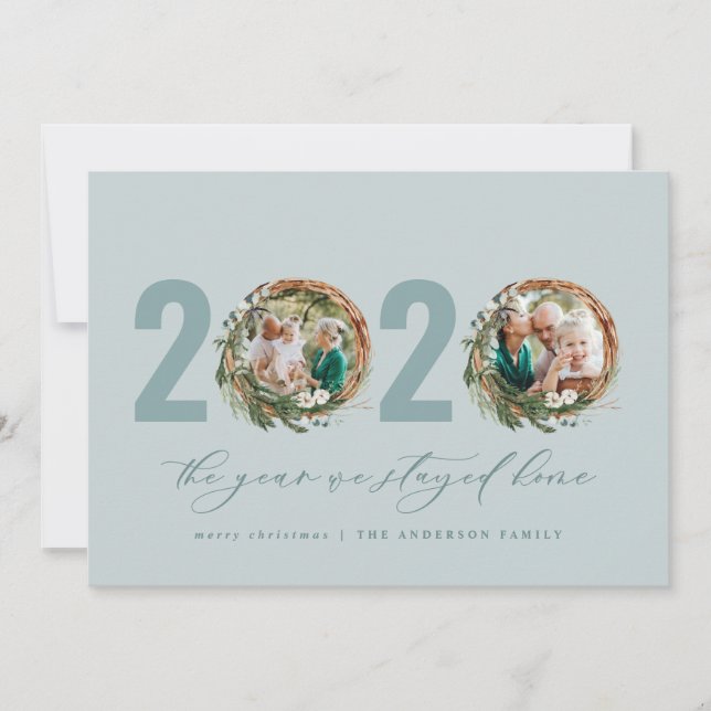 Modern foliage wreath 2020 stayed home holiday card (Front)
