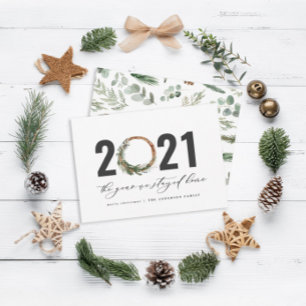 Modern foliage wreath 2020 stayed home holiday card