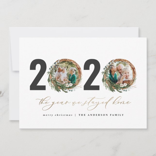 Modern foliage wreath 2020 stayed home holiday card (Front)