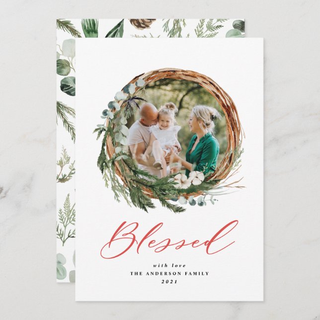 Modern foliage wreath christmas blessed red script holiday card (Front/Back)