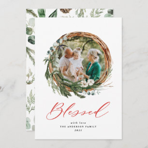 Modern foliage wreath christmas blessed red script holiday card