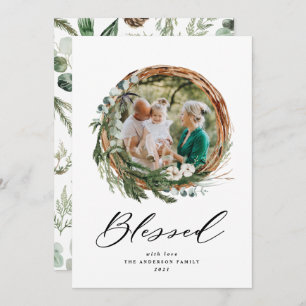 Modern foliage wreath christmas blessed script holiday card
