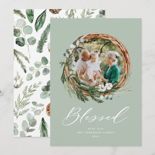 Modern foliage wreath christmas blessed script holiday card (Front/Back)