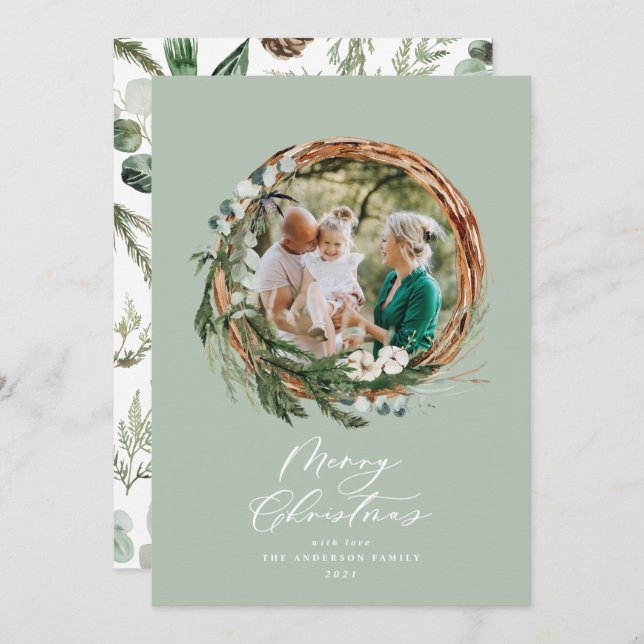 Modern foliage wreath merry christmas script chic holiday card (Front/Back)