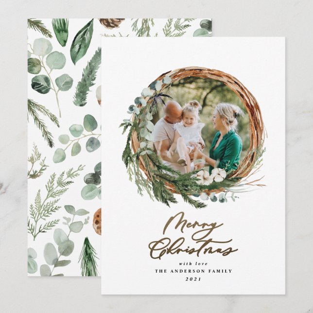 Modern foliage wreath merry christmas script chic holiday card (Front/Back)