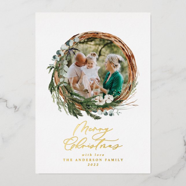 Modern foliage wreath merry christmas script  foil holiday card (Front)