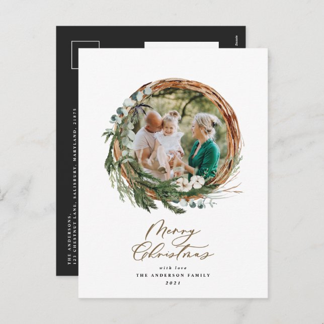 Modern foliage wreath merry christmas script  holi holiday postcard (Front/Back)