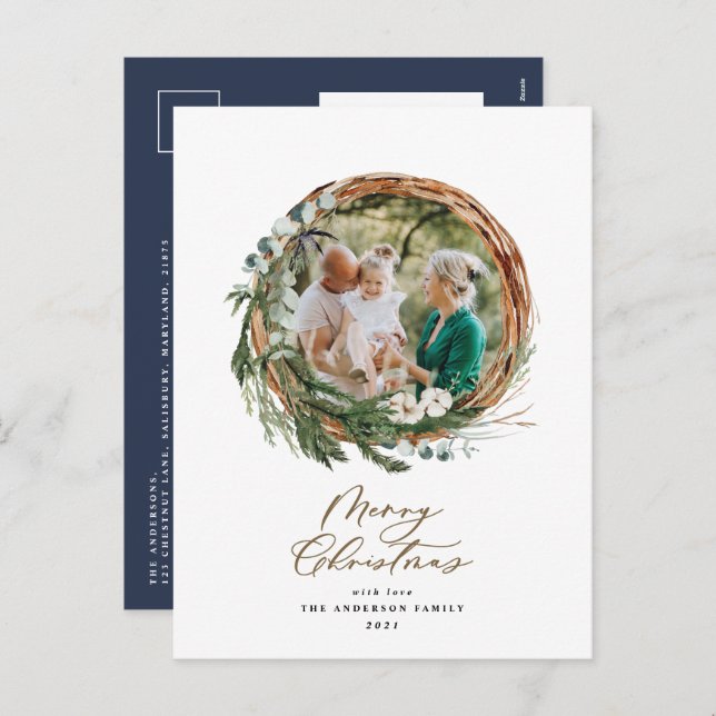 Modern foliage wreath merry christmas script  holi holiday postcard (Front/Back)