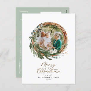 Modern foliage wreath merry christmas script holi holiday postcard