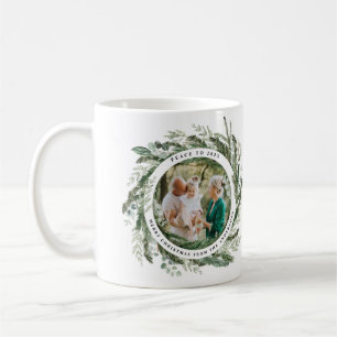 Modern foliage wreath peace script photo green coffee mug